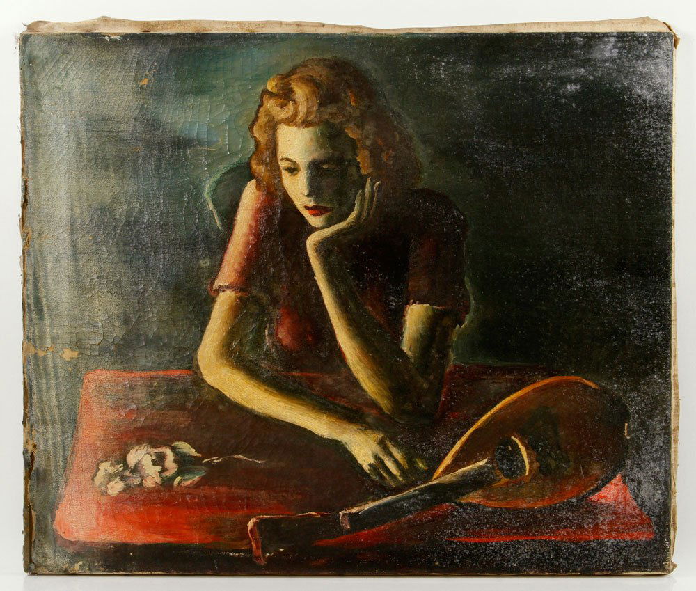 Woman with Mandolin, Oil on Canvas: Woman in contemplation with mandolin, oil on canvas, unsigned, circa 1940, 20" h x 24" w. Provenance: From the estate of the late Harry Reed Everson, an avid collector, from Marblehead, MA.