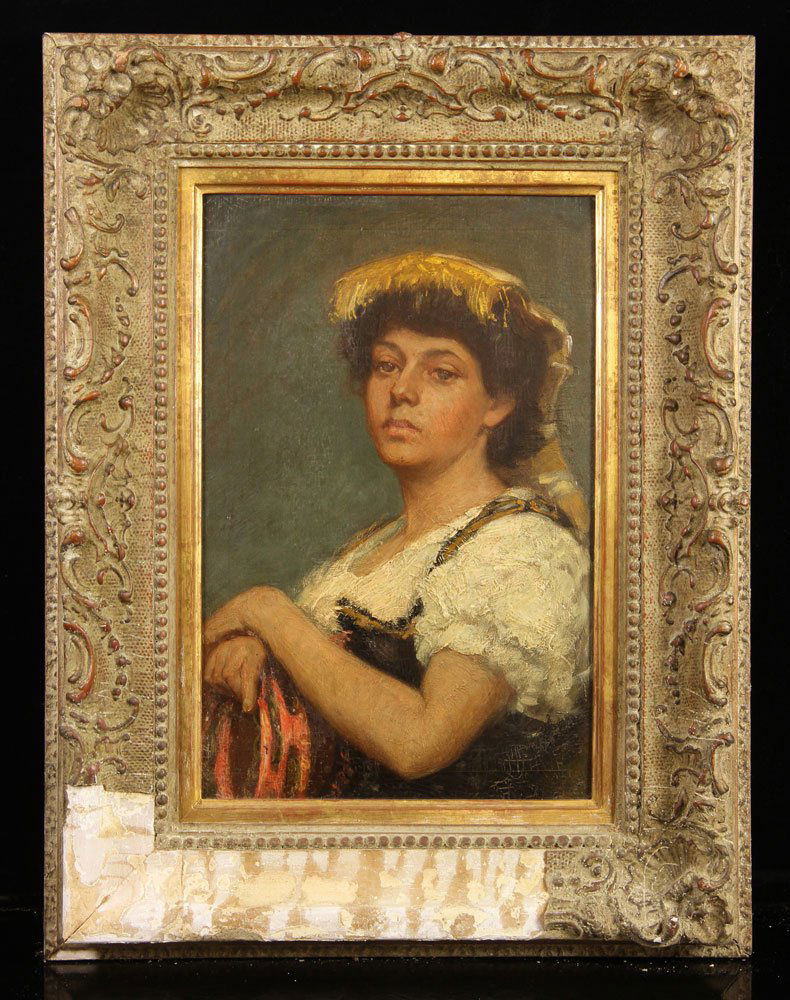 Portrait of a Woman, Oil on Board: Portrait of a woman, oil on board, unsigned; 16 1/4" h x 10 5/8" w (view), 23 5/8" h x 18" w (frame). Provenance: From the estate of the late Harry Reed Everson, an avid collector, from Marblehead, MA