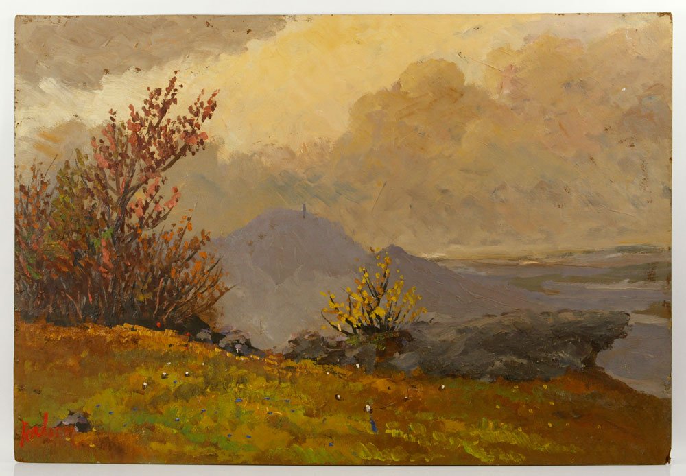 Landscape, Oil on Board: Landscape, oil on board, signed indistinctly lower left, unframed, 26" h x 38" w. Provenance: From the estate of the late Harry Reed Everson, an avid collector, from Marblehead, MA.