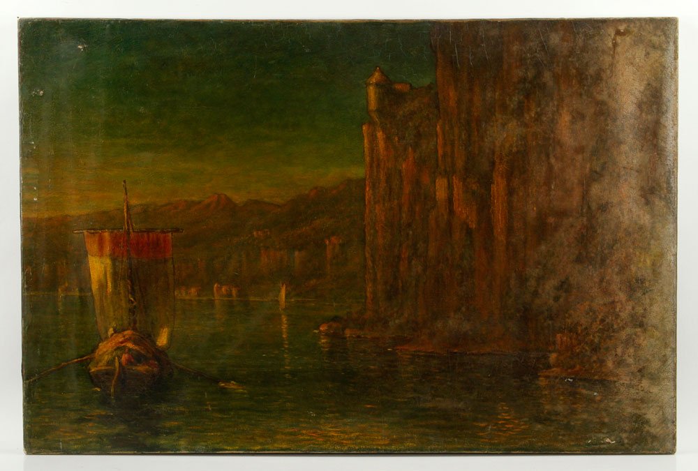 Mediterranean Scene, Oil on Canvas: Mediterranean scene, oil on canvas, unsigned, unframed, 24" h x 36" w. Provenance: From the estate of the late Harry Reed Everson, an avid collector, from Marblehead, MA.