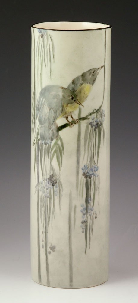 Lenox American Belleek Vase: Lenox American Belleek vase, cylindrical shape, decorated with exotic birds, marked with Lenox Belleek palette mark in green, 11 1/4" h x 3 1/2" dia. Provenance: From the estate of the late Harry Reed