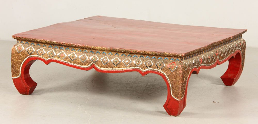 Red Painted Carved Coffee Table (1 of 4)