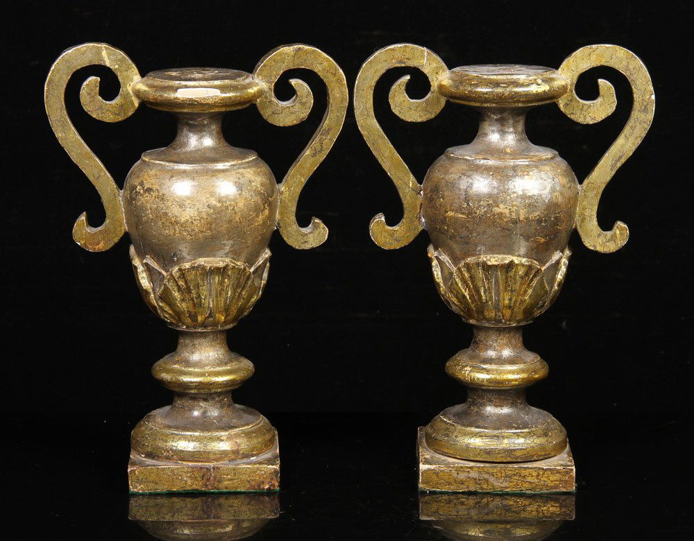 Pr. 18th C. Amphora Candlesticks: Pair of candlesticks, painted wood, shaped like amphora vases, circa 1700, 13" h x 9" w. Provenance: From a Massachusetts estate.