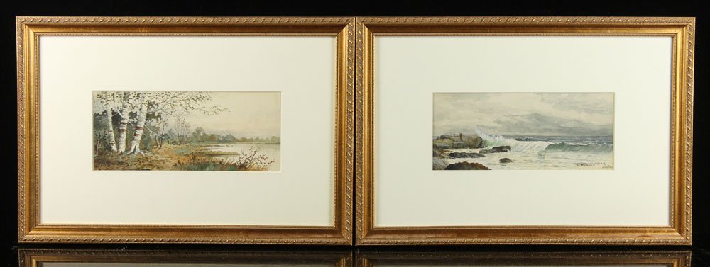 Hathaway, 2 Landscapes, Watercolor: George M. Hathaway (American, 1852-1903), lot of two landscapes, watercolor, signed, to include: rocky seascape and pond with birch trees; 4" h x 9 1/2" w (view), 11 1/2" h x 17" w (frame). Provenance