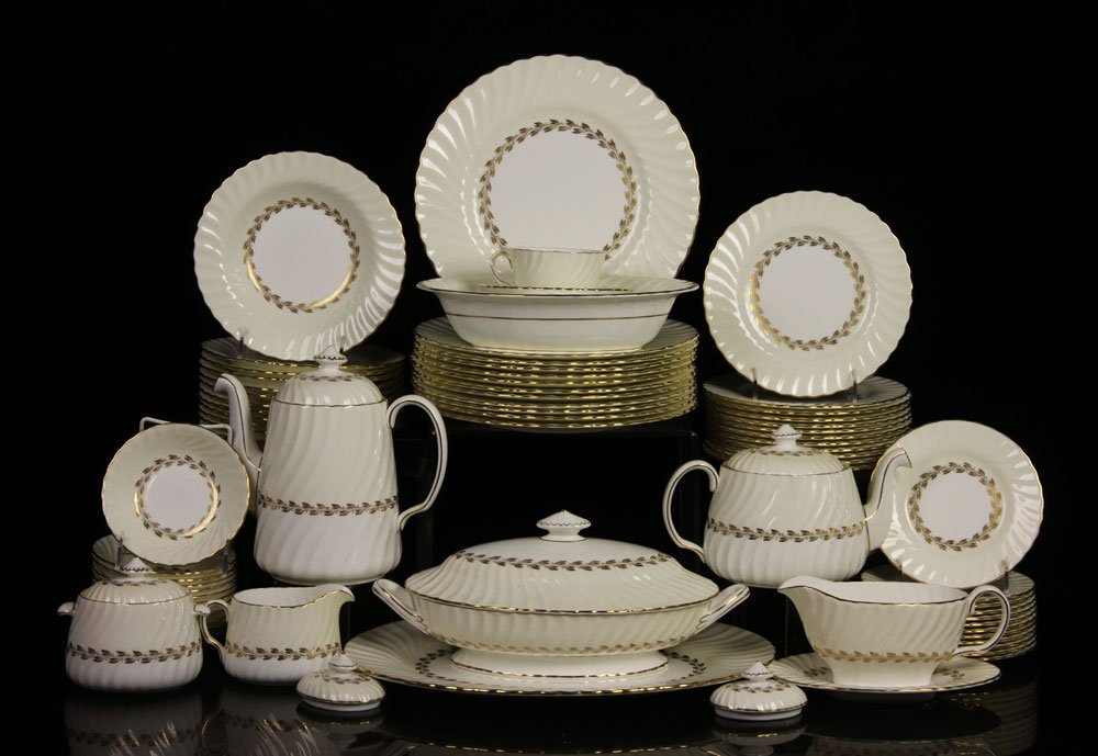 Minton China Service for 12: Minton china service for twelve, "Gold Cheviot" pattern, to include: twelve plates, 10 3/4" dia; twelve plates, 7 3/4" dia; twelve plates, 6 1/4" dia; twelve bowls, 7 7/8" dia; eleven bowls, 5 1/4" di