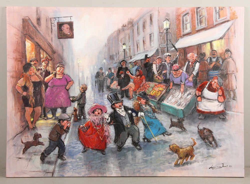 Leighton Jones, London Street Scene, Oil on Canvas: Barry Leighton-Jones (British, 1932-2011), London street scene with figures, oil on canvas, signed and dated "'93" lower right, unframed, 36" h x 48" w. Provenance: From a Massachusetts estate.
