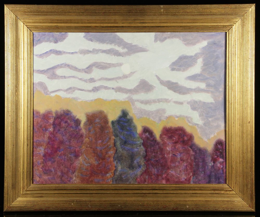 Avery, "Moon and Drifting Clouds," Oil on Board: Sally Michel Avery (American, 1902-2003), "Moon and Drifting Clouds," oil on canvas board, signed lower right, gallery tag verso with date "1988"; 22"h x 28" w (view), 29" h x 35" w (frame). Provenanc
