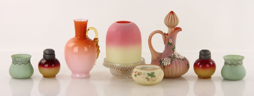 Lot of Art Glass: Lot of art glass, eight pieces total, to include: one Burmese fairy lamp; one cruet decorated with floral motif; one peachblow-type vase; one peachblow salt and pepper set; two opaque green agata piec