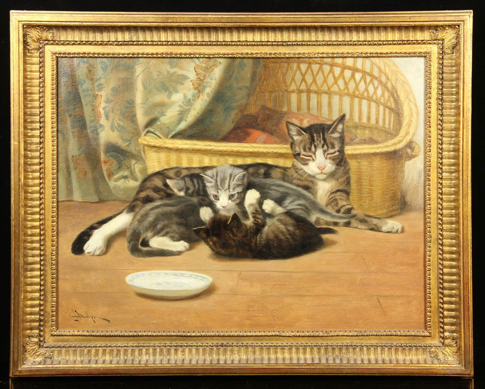 Dolph, "Cat and Two Kittens," Oil on Canvas: John Henry Dolph (American, 1835-1903), "Cat and Two Kittens," oil on canvas, signed lower left, information verso; 18" h x 24" w (view), 23" h x 29" w (frame). Provenance: From a Massachusetts estate