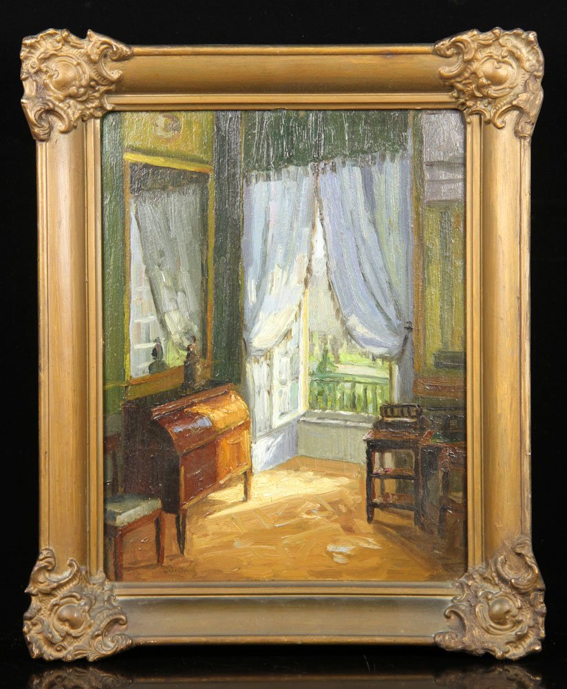 Kullrich, "Bedroom Window," Oil on Board: Gustav Kullrich (German, 1888-1938), "Bedroom Window," oil on board, signed lower left, information verso; 14 1/2" h x 11" w (view), 19" h x 15" w (frame). Provenance: From a Massachusetts estate.