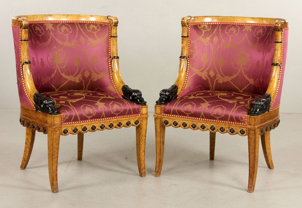 Pr. Biedermeier Style Chairs: Pair of Biedermeier-style chairs, upholstered, 34" h x 25" w. Provenance: From a Massachusetts estate.