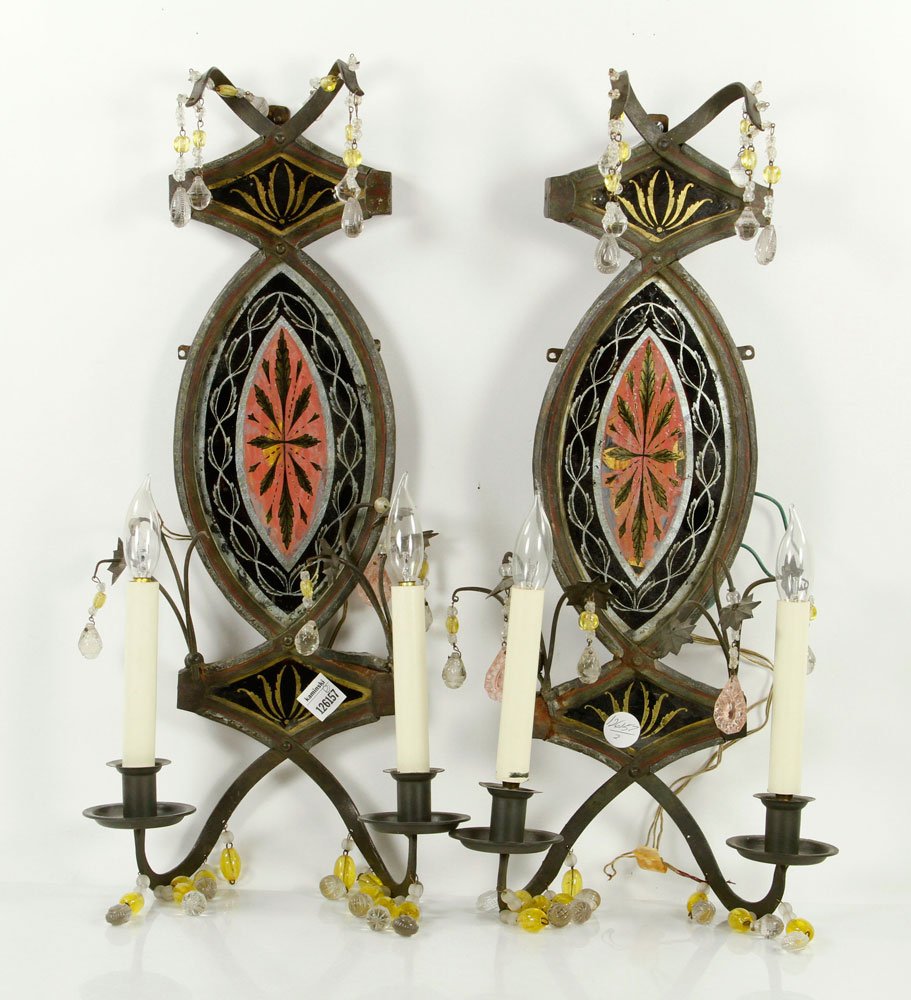 Pr. 19th C. Eglomise Sconces: Pair of eglomise sconces, 19th century, central medallion of reverse painted glass, each with double lights and decorative glass beads, 26" h x 12" w. Provenance: From a Massachusetts estate.