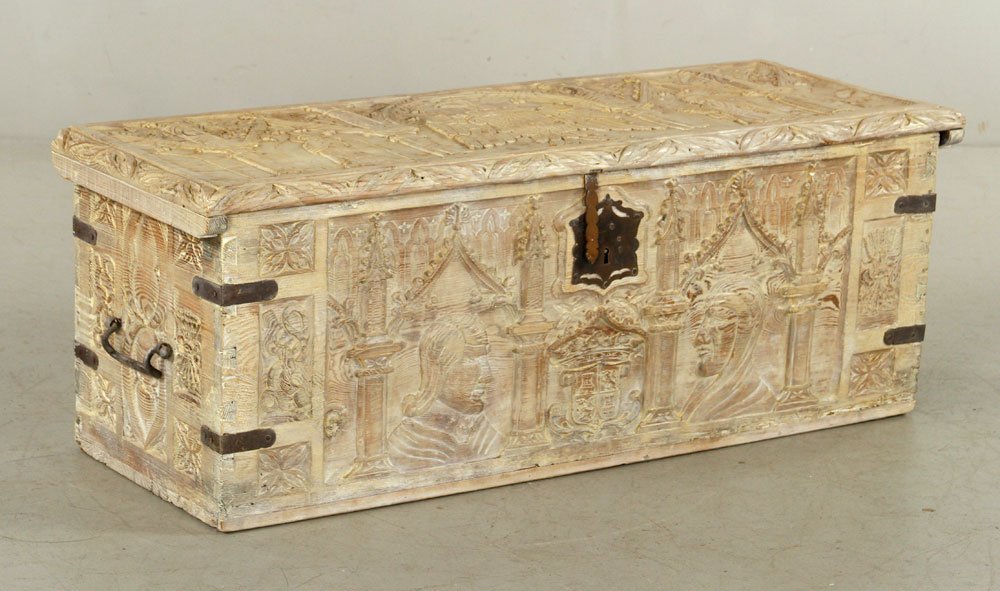 18th C. Continental Gothic Carved Trunk: 18th century Continental Gothic carved trunk, 44" h x 15" w. Provenance: From a California estate.