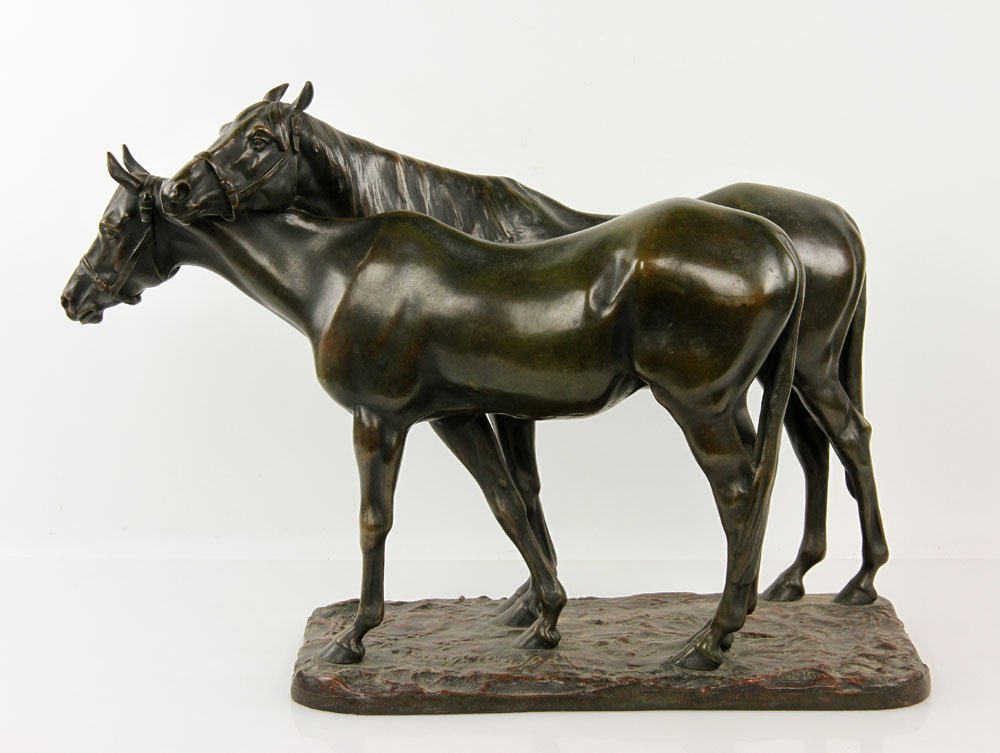 Tourgueneff, Two Horses, Bronze: Pierre-Nicolas Tourgueneff (Russian, 1853-1912), sculpture of two horses, bronze, 16 1/2" h x 24" l x 8 1/2" w. Provenance: Katherine Holden Thayer, 1900, Cleveland, OH, benefactor of the Cleveland Mu