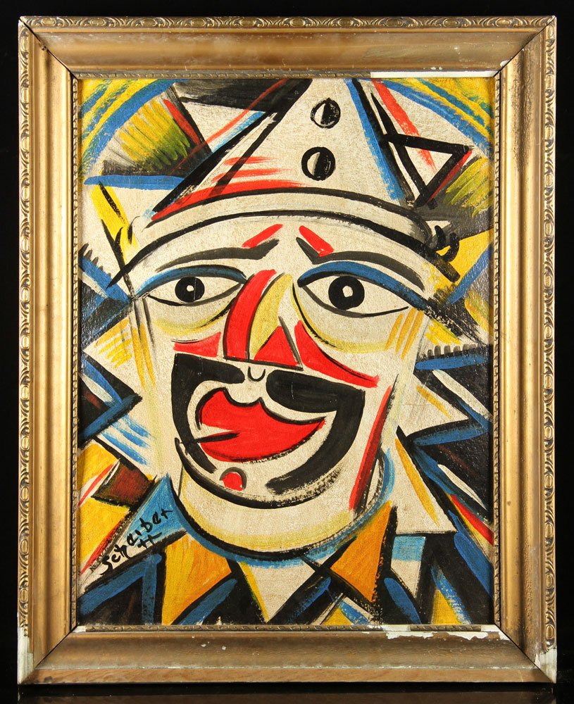 Scheiber, Clown, Oil on Board: Hugo Scheiber (Hungarian, 1873-1950), portrait of a clown, oil on board, signed lower left; 23 1/4" h x 18" w (view), 27 1/2" h x 22 1/2" w (frame). Provenance: From a German estate.