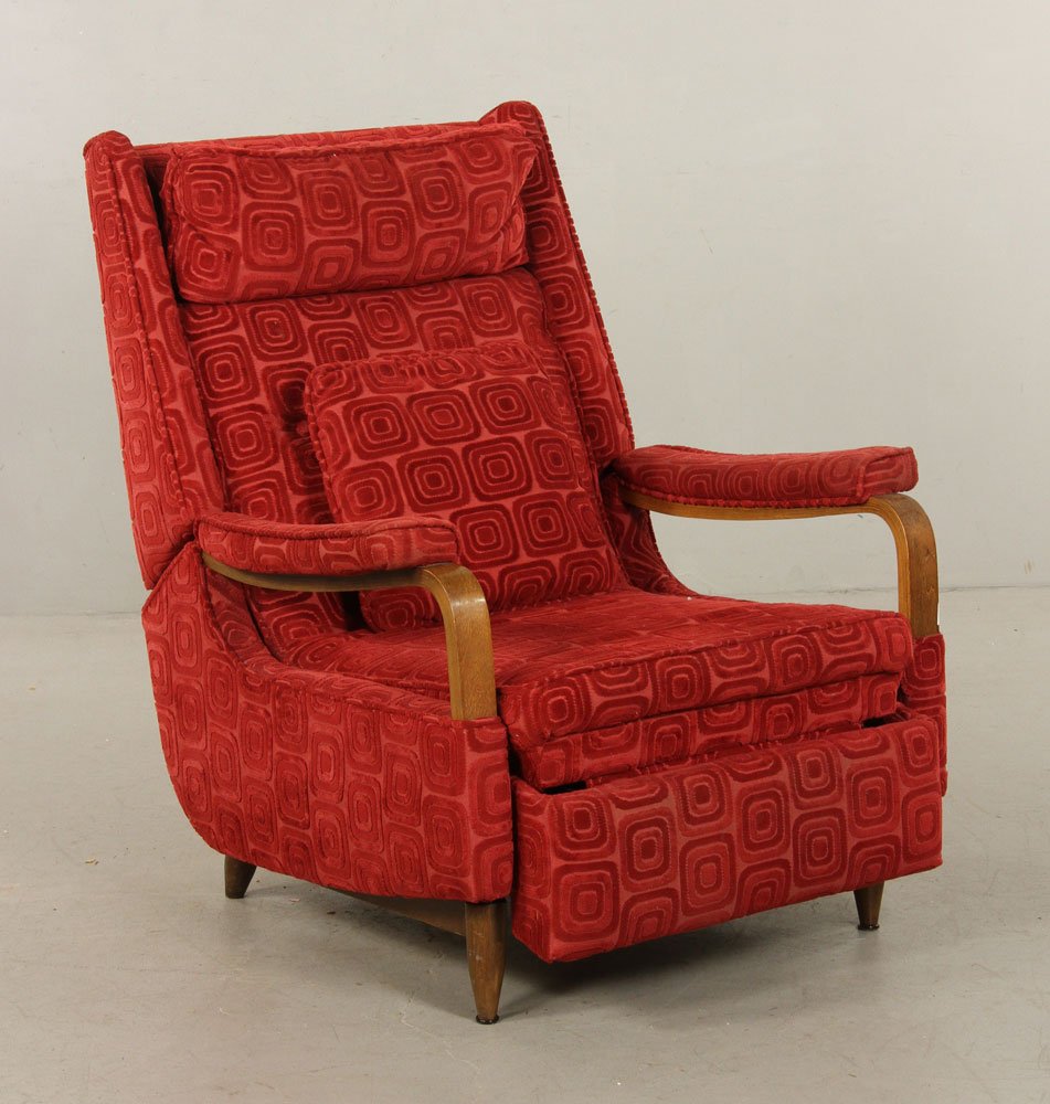 Mid-Century Modern Armchair: Mid-century modern reclining armchair, red geometric upholstery, 39" h x 31" w x 38" d.