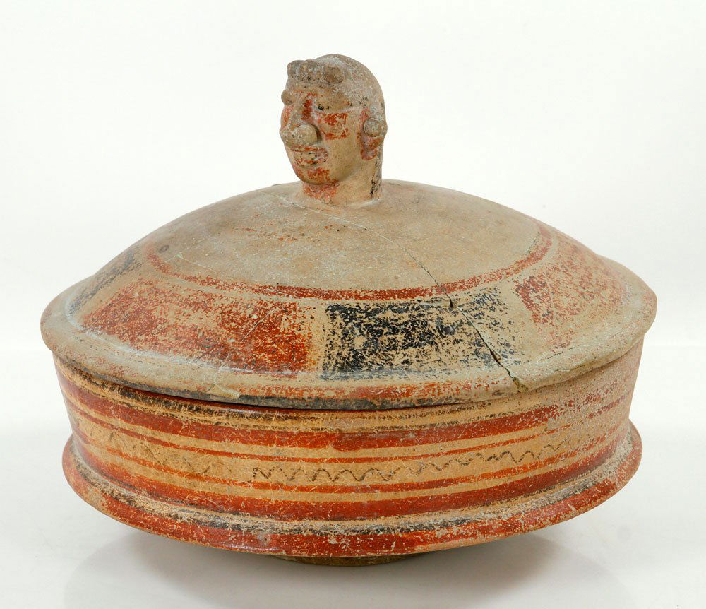 Large Pre Columbian Covered Bowl: Large Pre-Columbian covered bowl, polychromed, with figural top, old restoration, 10" h x 11 1/2" dia (bottom).