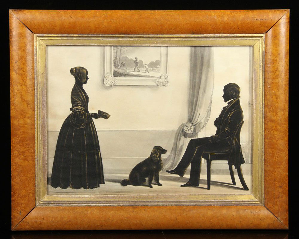 19th C. Silhouette, Couple with Dog, Watercolor: Early 19th century silhouette, watercolor with cut paper silhouettes, showing parlor scene with couple and dog, in birdseye maple frame, 15" h x 19" w. Provenance: From a Massachusetts estate.