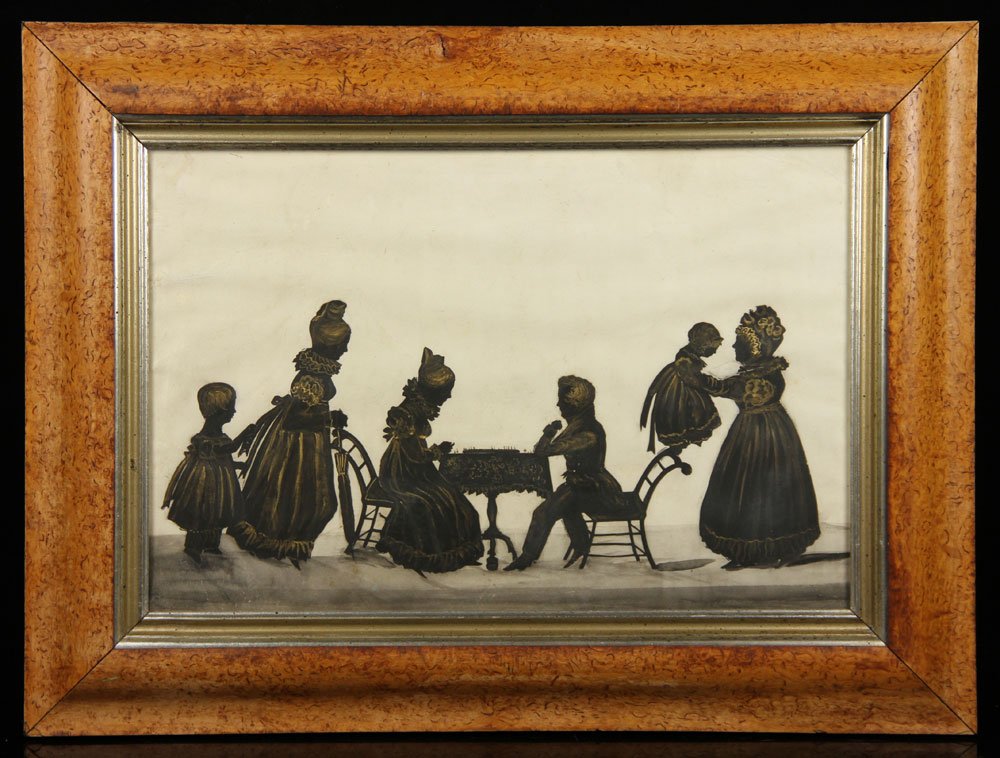 19th C. Silhouette, Figures Playing Chess, Watercolor: Early 19th century silhouette, watercolor, showing figures playing chess, in birdseye maple frame, 17" h x 23" w. Provenance: From a Massachusetts estate.