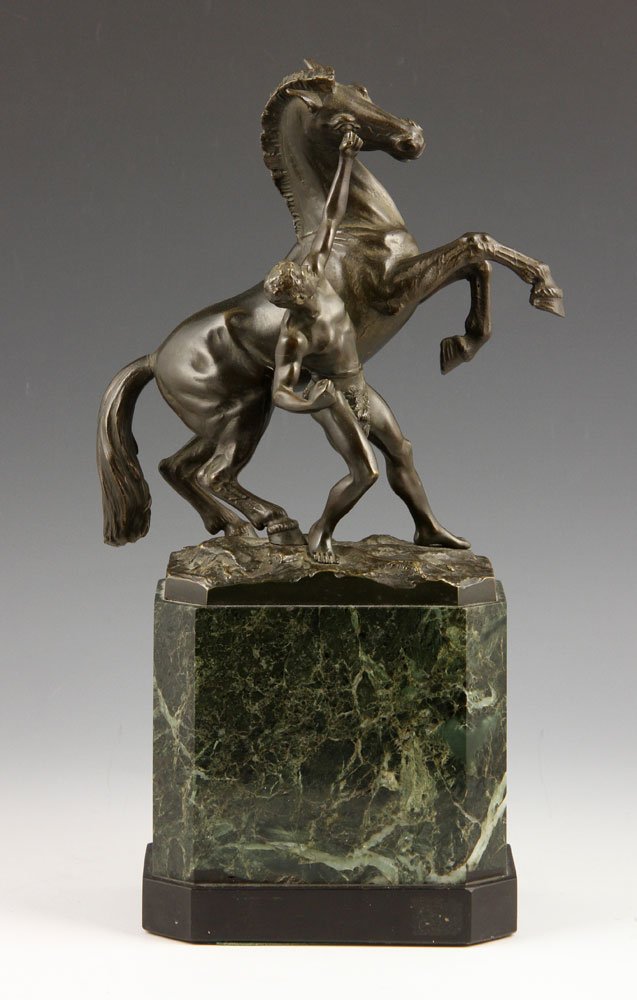 19th C. Bronze Sculpture of Man with Horse: Classical sculpture of a man with horse, 19th century, bronze, on green and black marble base, 14 1/2" h x 7 1/2" w. Provenance: From a Palm Beach estate.