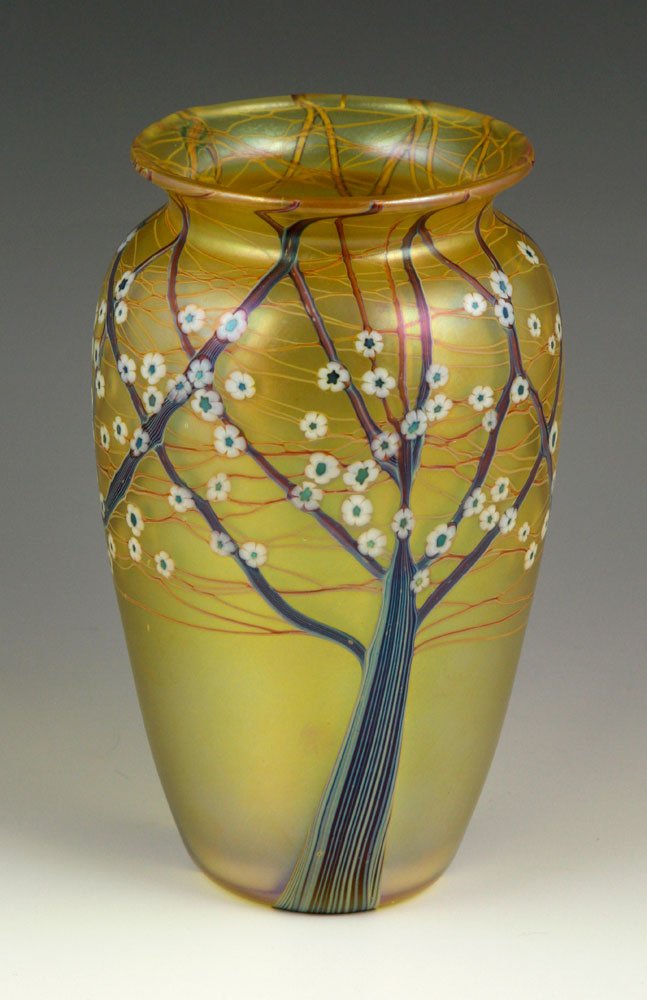Orient & Flume Art Glass Vase: Orient & Flume art glass vase, decorated with image of blossoming trees, 6 3/4" h. Provenance: From a Massachusetts estate.