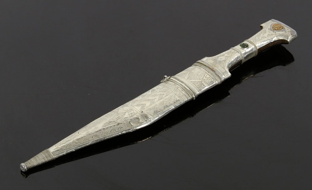 "Lawrence of Arabia" Jambiya or Kindjal: Small Jambiya or Kindjal, silver hilt and scabbard, cut green stone in scabbard (possibly emerald), historical documents and photograph of Abdul Kader with Reginald Stavis included; 7 1/2" l (blade), 