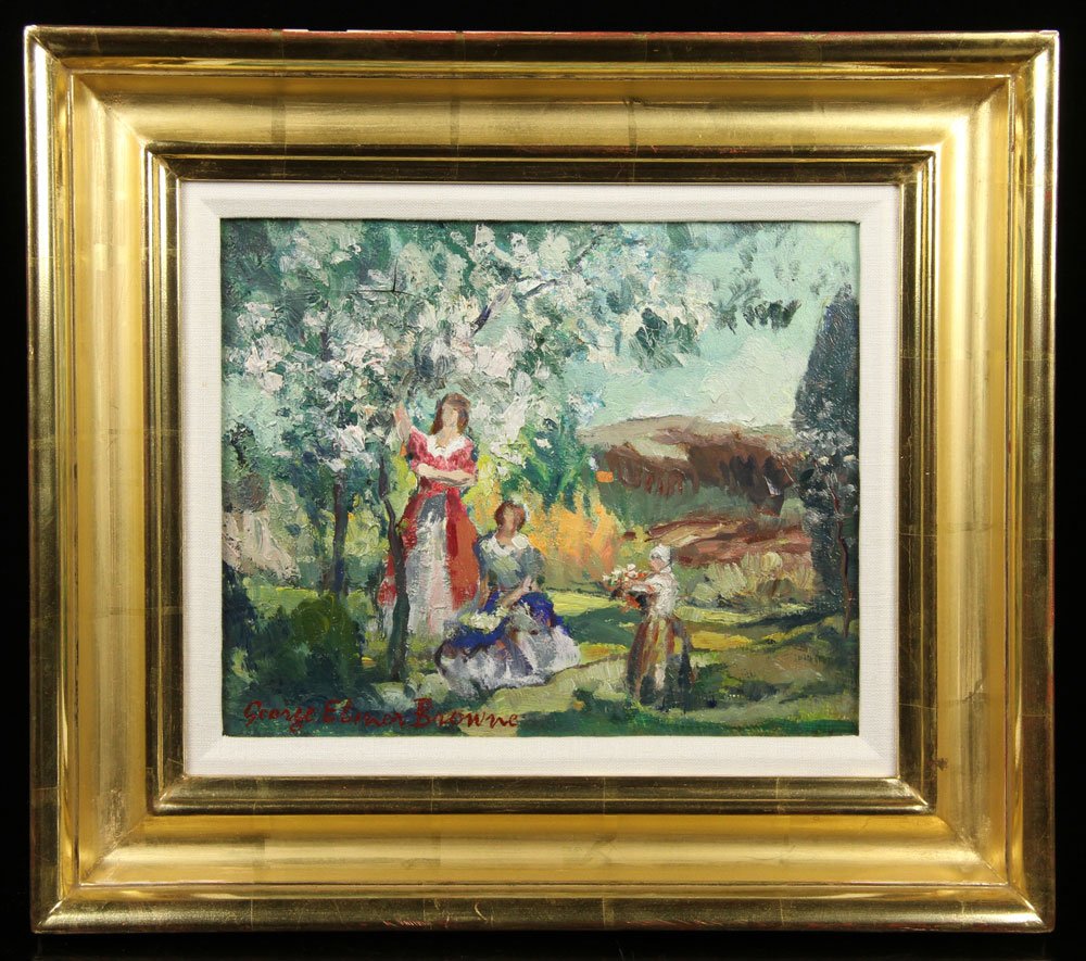 Browne, Landscape with Trees, Oil on Board: George Elmer Browne (American, 1871-1946), landscape with trees and figures, oil on board, signed lower left, in gilt frame; 9 1/2" h x 11 1/2" w (view), 15" h x 18" w (frame). Provenance: From a Mass