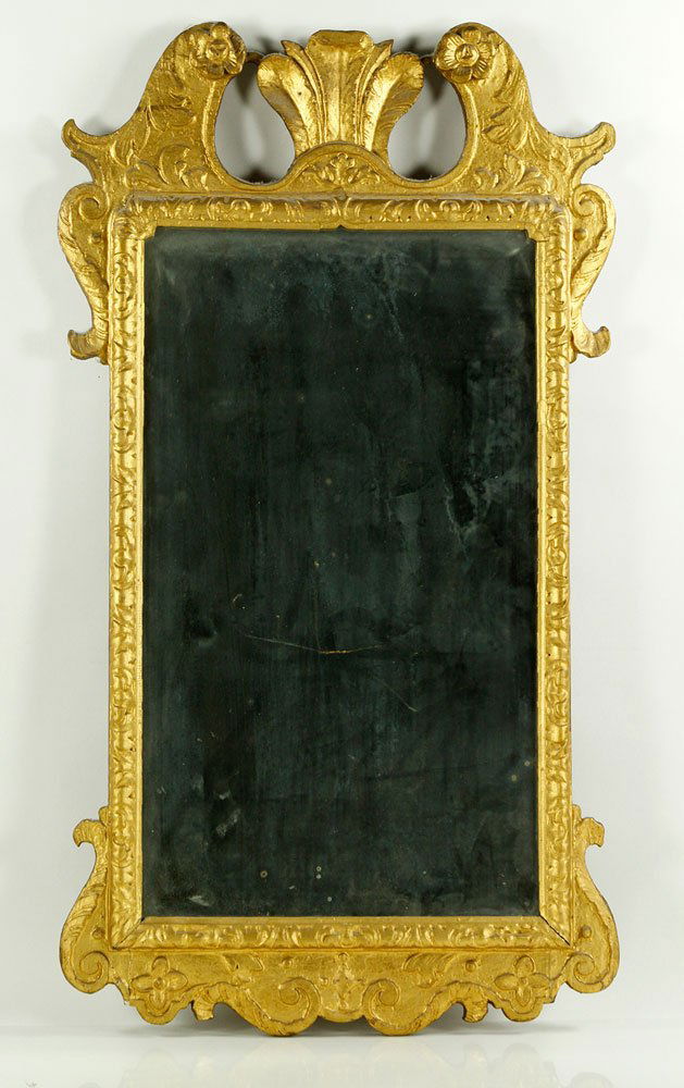 19th C. Gilt Mirror: Antique mirror, decorative gilt frame, with original beveled glass, circa 1820 to 1840, 34" h x 19" w. Provenance: From a Massachusetts estate.
