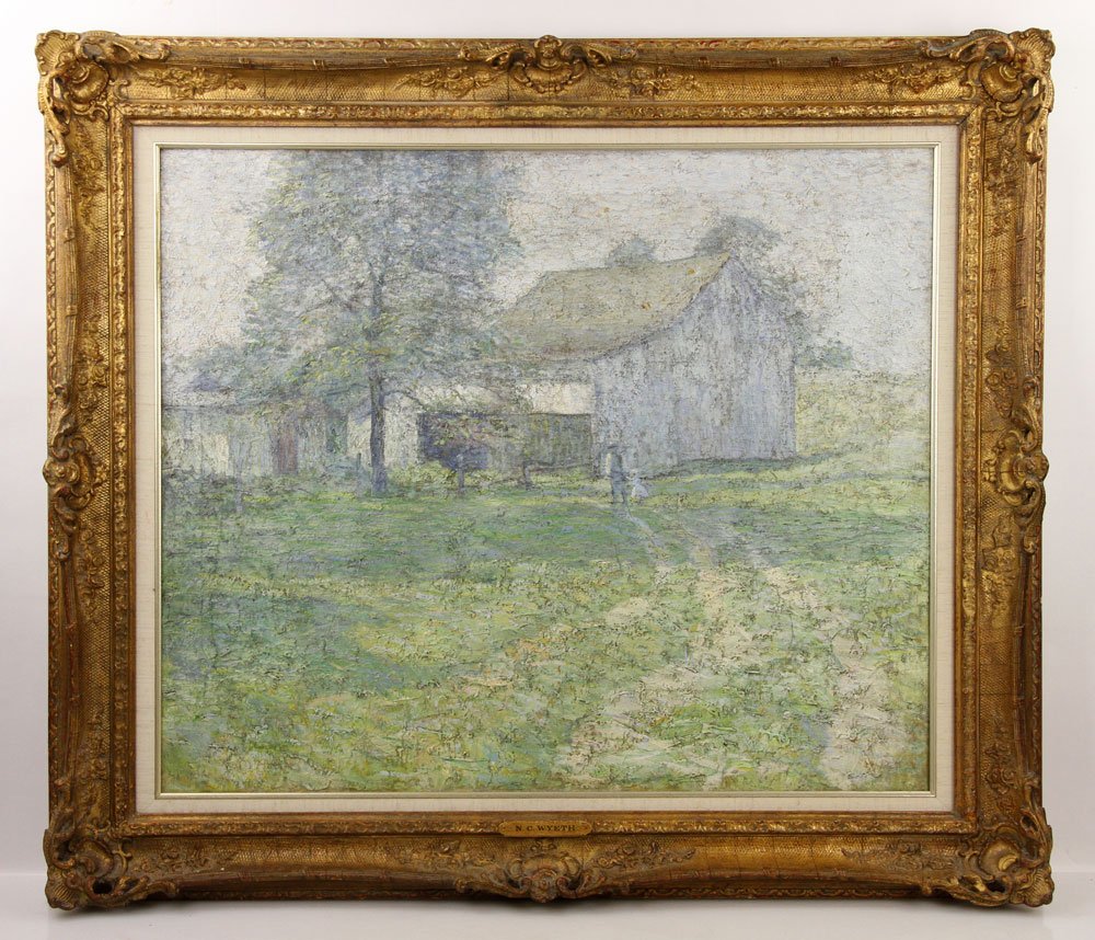 American School, Barnyard with Tree, Oil on Canvas: American School, barnyard with tree, oil on canvas, unsigned, plaque on frame marked "N. C. Wyeth"; 25" h x 30" w (view), 33" h x 38" w (frame). Provenance: From a Massachusetts estate.