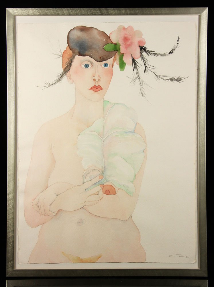 Terry, Woman with Hat, Watercolor: Elore Terry, woman with hat and rose, watercolor, signed lower right, in custom frame; 30" h x 22" w (view), 33" h x 25" w (frame). Provenance: From a Massachusetts estate.