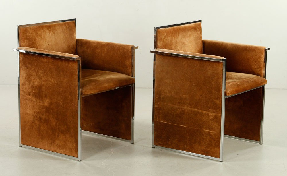 Pair of Modern Italian Brown Suede Chairs: Pair of modern chairs, chrome frames with brown suede upholstery, marked "Made in Italy" on undersides, 30" h x 23 1/4" w x 20" d. Provenance: From a Massachusetts estate.