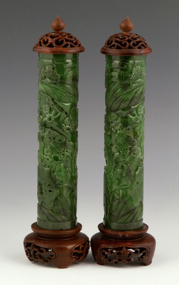 Pr. Carved Spinach Green Jade Incense Holders (1 of 9)