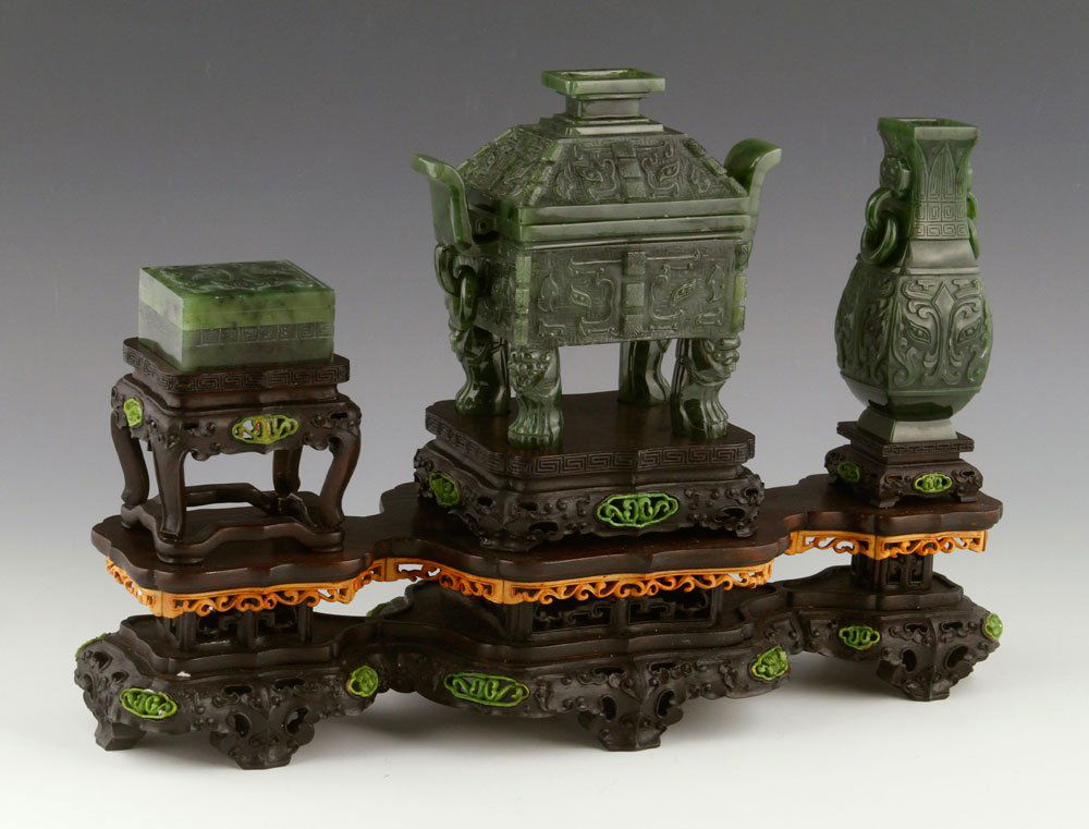 Chinese Carved Spinach Green Jade Scholar's Set (1 of 10)