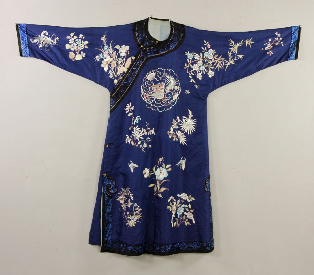 Chinese Late Qing Dynasty Women's Winter Robe: Chinese late Qing dynasty women's winter robe, Man Fu, blue, decorated with coiled dragons, flowers and birds, 51" l.