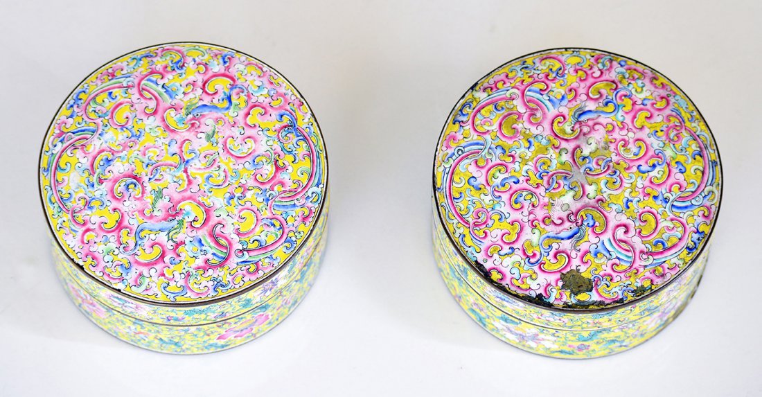 Pr. Imperial Enamel Snuff Boxes: Beijing enamel on copper skillfully depicting pair of “Kui” phoenix amongst floral branches around the boxes, all on bright imperial yellow ground, ”Kui” dragon mark on base, 1880-1908, 2" h x
