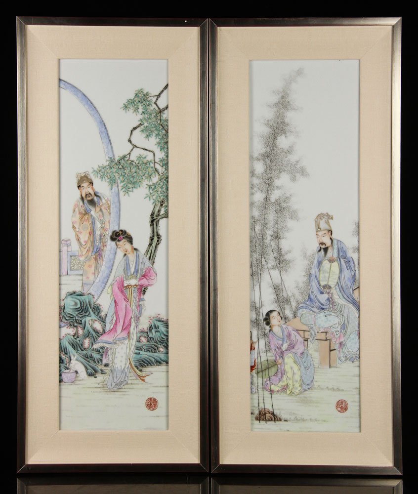 Two Chinese Famille Rose Plaques: Two Chinese famille rose plaques, decorated with courting figures, signed with Wang Xiaotang seal mark, 26" h x 11" w (frame).
