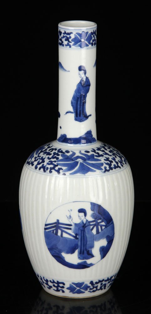 Chinese Kangxi Blue and White Flask Vase: Chinese blue and white flask vase, Qing Kangxi period, porcelain, carved pumpkin shaped body, decorated with Chinese beauty, Qing Kangxi mark on base, with original hardwood stand, 10 3/4" h.