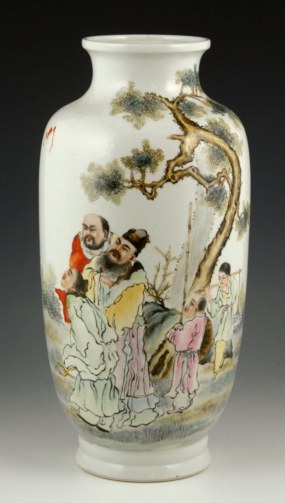 Chinese Republic Period Famille Rose Vase: Chinese Republic period famille rose vase, porcelain, decorated with Chinese poet Dong Po and other figures, signed Wang Bo, 13" h.