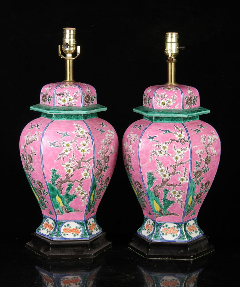 Pr. Famille Rose Porcelain Lamps (1 of 4)