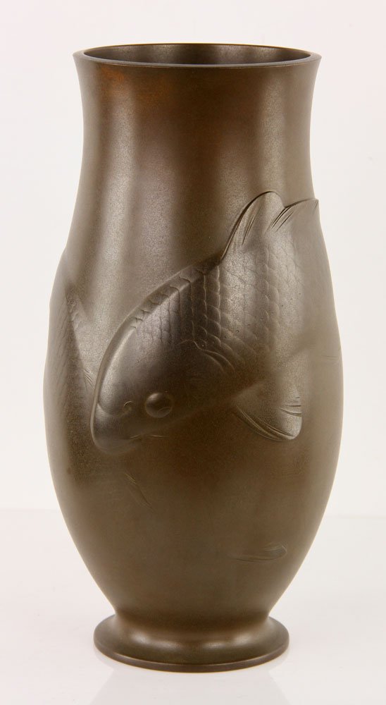 Japanese Bronze Vase: Japanese bronze vase with fish design on body, carved Zifeng mark on base, with wood box, 10" h.
