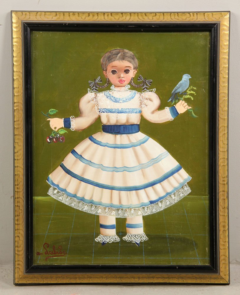 Labios, Portrait of Girl with Bird, Oil on Canvas: Agapito Labios (Mexican, 1898-1996), portrait of a girl with bird and cherries, oil on canvas, signed lower left, 16" h x 12" w. Provenance: From a California estate.