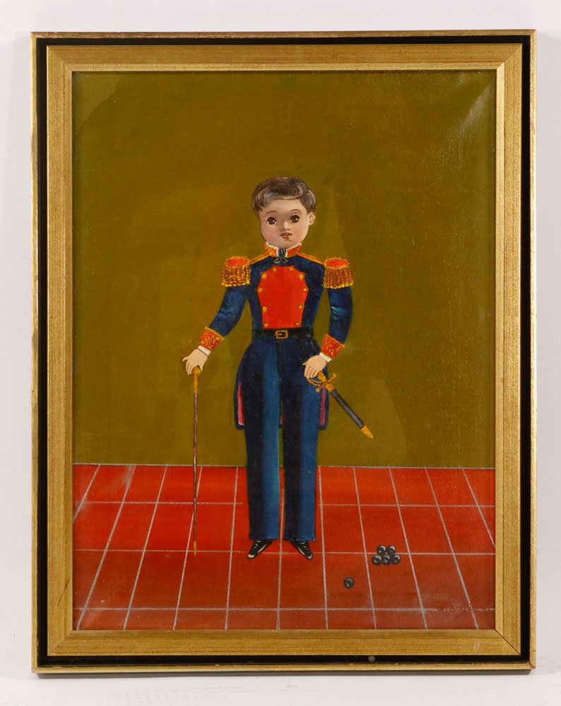Labios, Portrait of Boy, Oil on Canvas: Agapito Labios (Mexican, 1898-1996), portrait of a boy in military uniform, oil on canvas, signed lower right, 22" h x 16" w. Provenance: From a California estate.