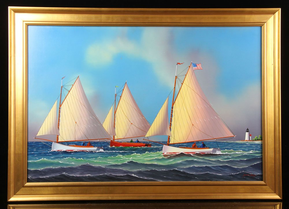 Howes, Cape Cod Catboats, Oil on Board: Jerome Howes (American, b. 1955), Cape Cod catboats, oil on board, signed lower right, 20" h x 30" w (view), 24" h x 33 3/4" w (frame). Provenance: From an Arizona estate.