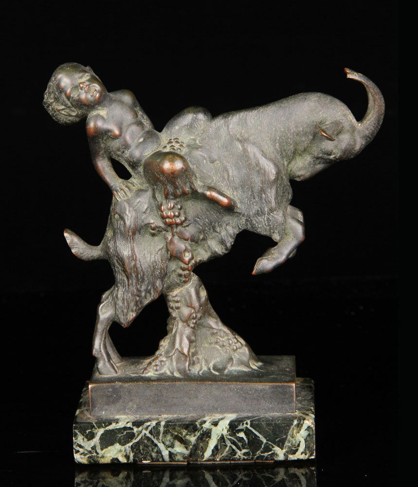 Perl, Young Satyr on Goat, Bronze: Karl Perl, young satyr riding a rearing goat, bronze, signed on base, 6 1/2" h x 6" w. Provenance: From a California estate.