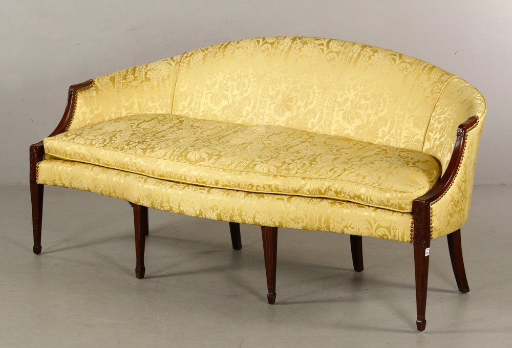 Attr. McIntire, Federal Hepplewhite Upholstered Sofa: Attributed to Samuel McIntire, Federal Hepplewhite upholstered sofa, circa 1790-1820, 35" h x 72" w. Provenance: From a Massachusetts estate.