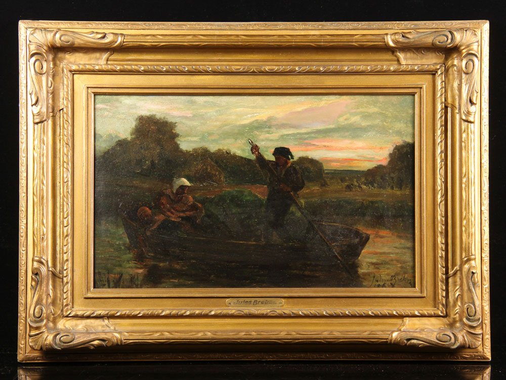 Attr. Breton, Boat Ride, Oil on Board: Attributed to Jules Breton, boat ride at sunset, oil on board, signed lower right, in original frame, 11" h x 17" w (view), 17" h x 24" w (frame). Provenance: From a California collection.