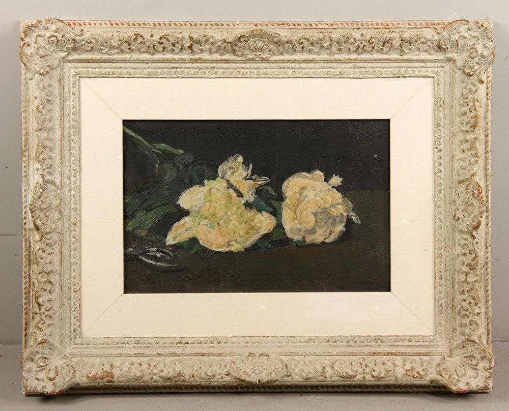 French School, White Roses, Oil on Board: French school, white roses, oil on board, signed Manet lower right, 11" h x 17" w (view), 23" h x 29" w (frame). Provenance: From a California estate.