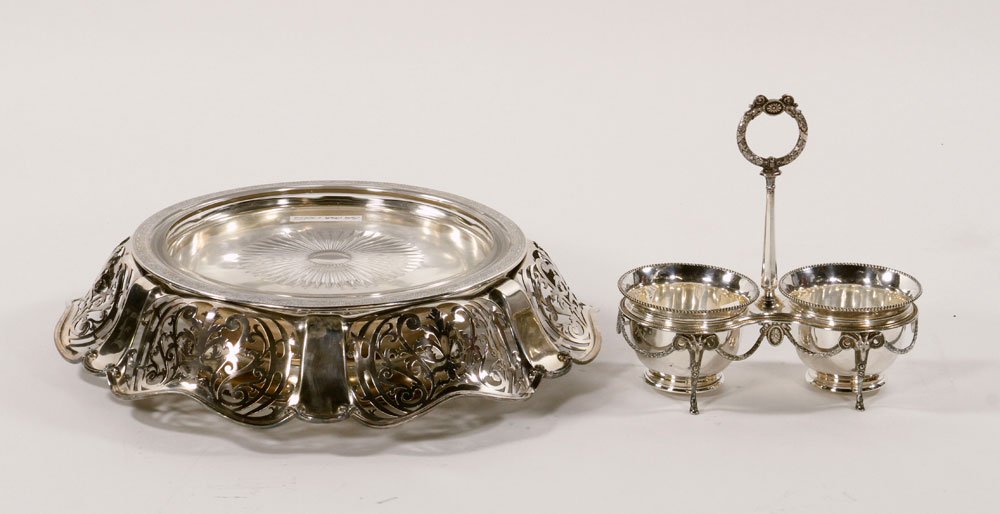 Reticulated Cake Stand and Condiment Bowls: Reticulated cake stand (17" dia) and condiment bowls (10" h x 10" dia). Provenance: From a California estate.