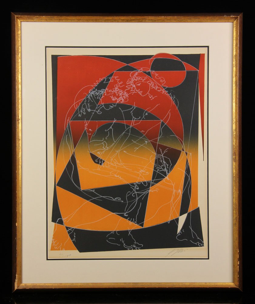 Erni, Abstract, Print: Hans Erni, abstract with embracing couple over red, orange and black, print, signed in pencil and editioned 90/100, 23" h x 18" w (view), 30" h x 25" w (frame). Provenance: From a California estate.