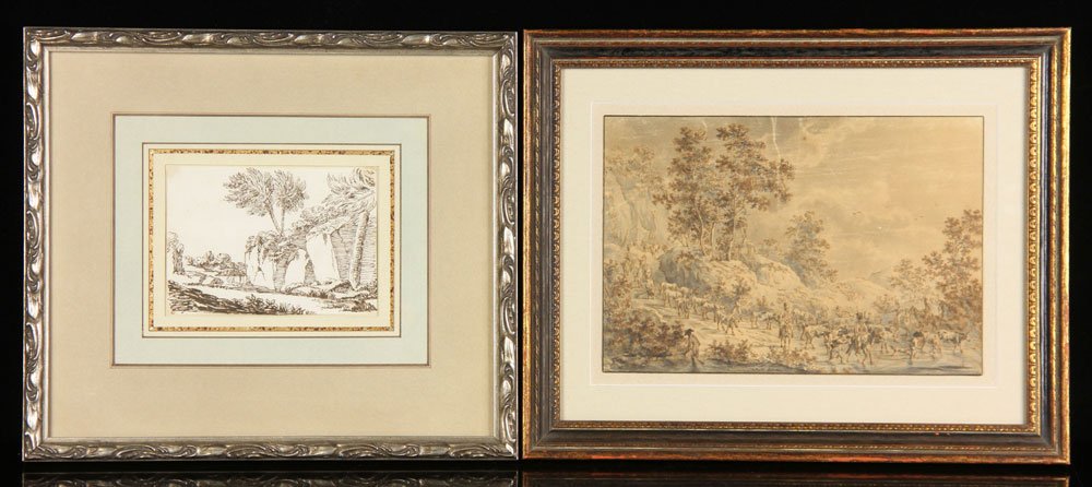 Attr. Taunay, Drawing, and 18th C. Ink Drawing: Lot of two drawings, to include: attributed to Felix Emile Taunay, landscape with herd of cattle and soldiers, 6 1/2" h x 10" w, and 18th century ink on paper drawing of rocks and palm trees, 4" h x 5